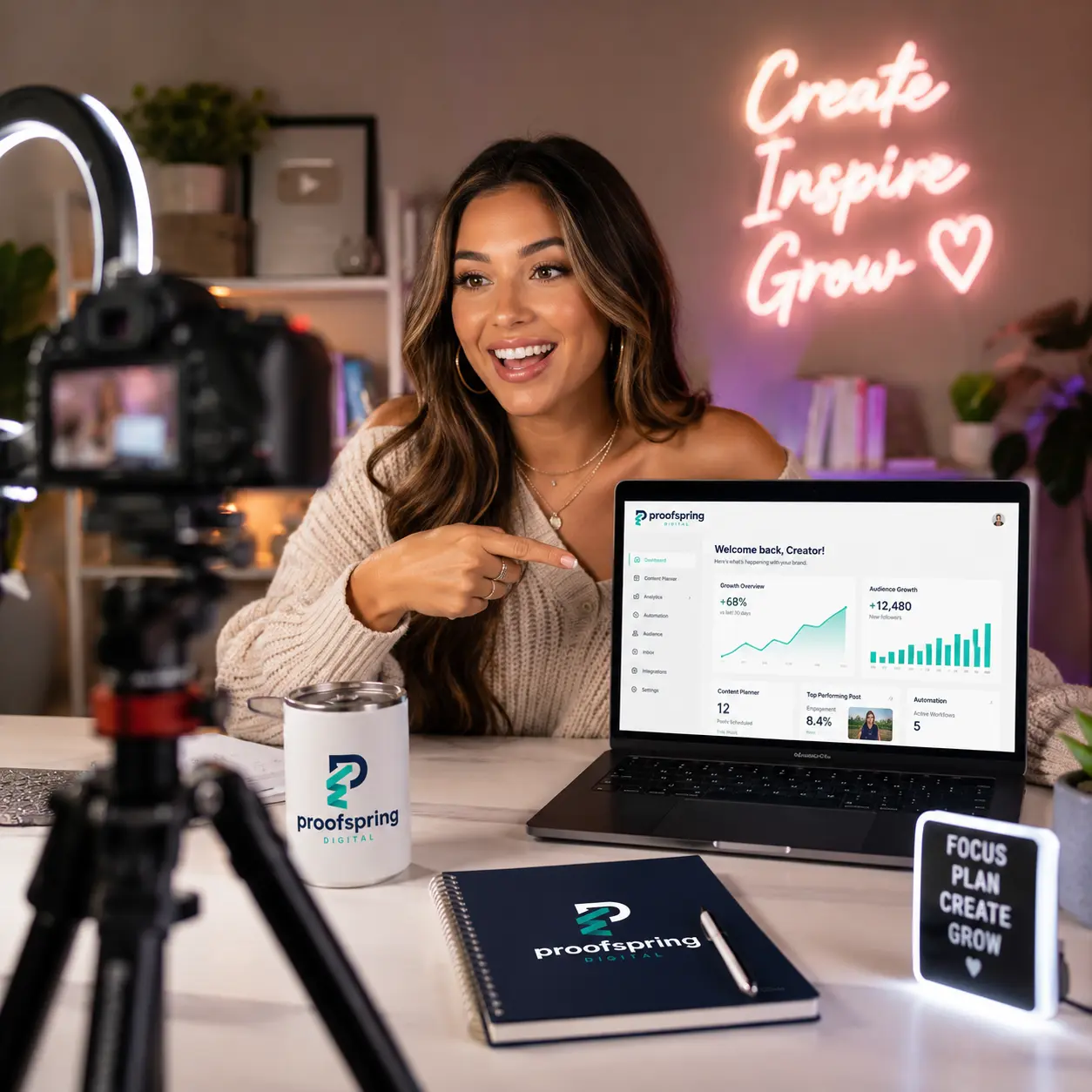 Creator presenting a ProofSpring Digital growth dashboard