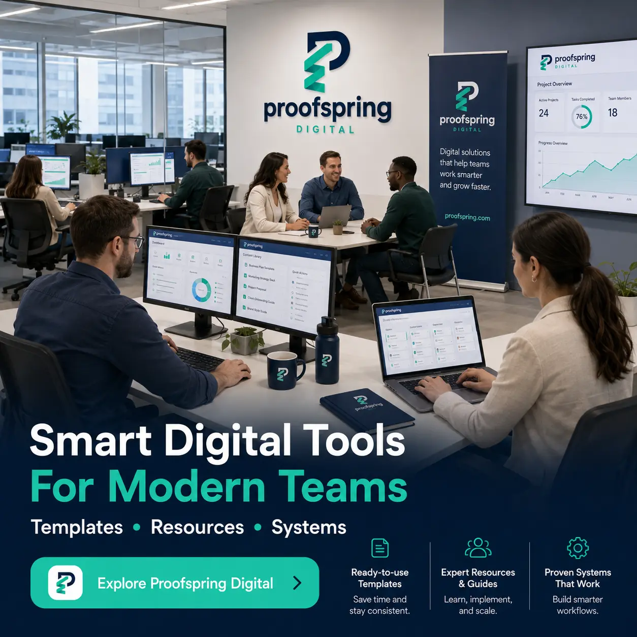 Team reviewing ProofSpring Digital business tools